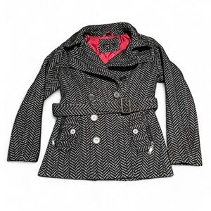 Rue21 - black and white with red interior - women’s pea coat with tie-waist